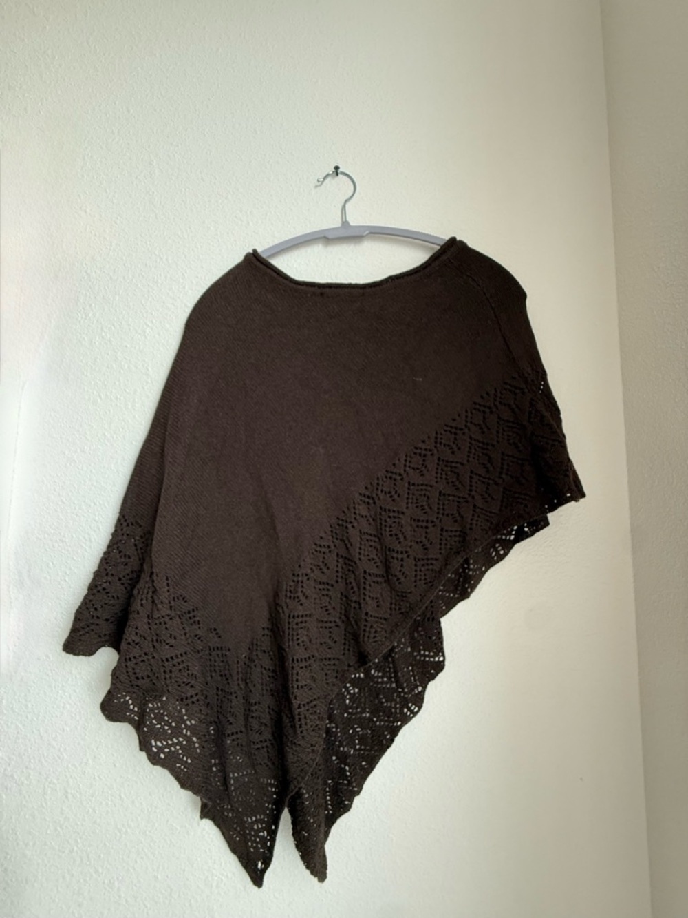 Brown Crochet Asymmetrical Poncho with Laced Hem-Festival Boho